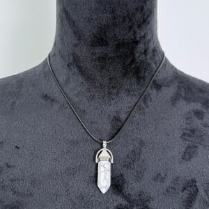 White Howlite Stone Silver Tone Cap Cord Necklace